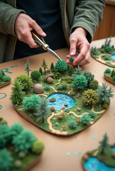 Using Mathematics for Recycling and Resource Management ,  where someone can be seen applying mathematics recycling in a cardboard project, scissors and a ruler creating a model of an ecosystem  