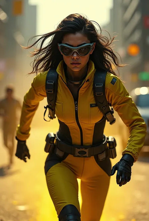 (yellow cyberpunk speed tactical suit:1) (1woman) dark theme :: focus on closeup face, serious face, cibetic visor, :: medium black hair, thick thighs :: ultra realistic futuristic speedster scifi cyberpunk athletic woman, black eyes, ((running in the midd...