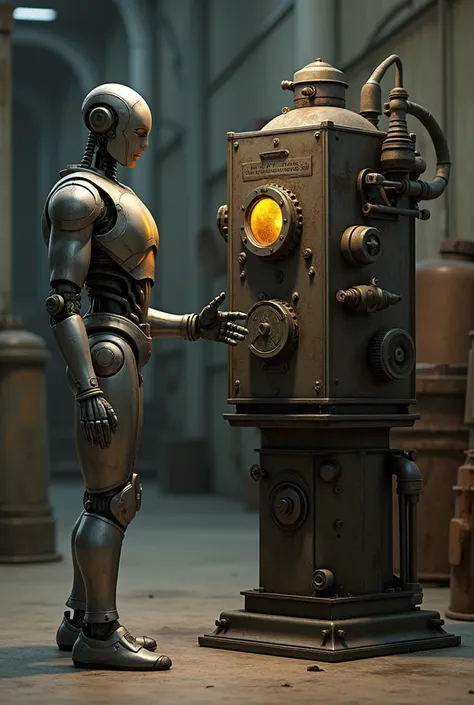 The robot points to an old machine that seems to still be working..