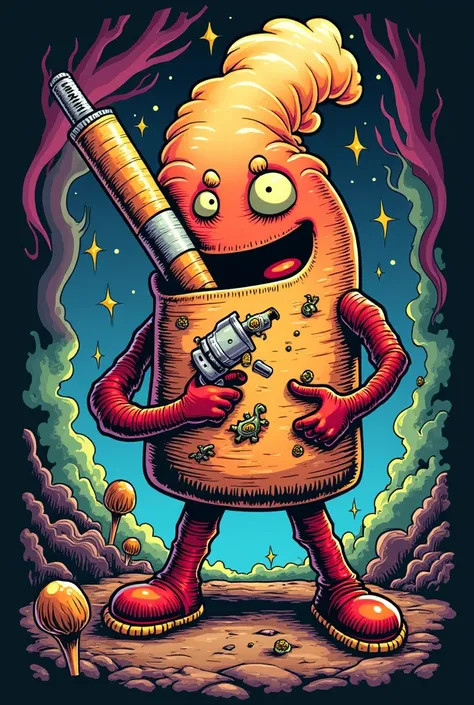 Create an image for me that would look really cool on a ,  t-shirt that has a cigarette and drug theme along with cartoon images
