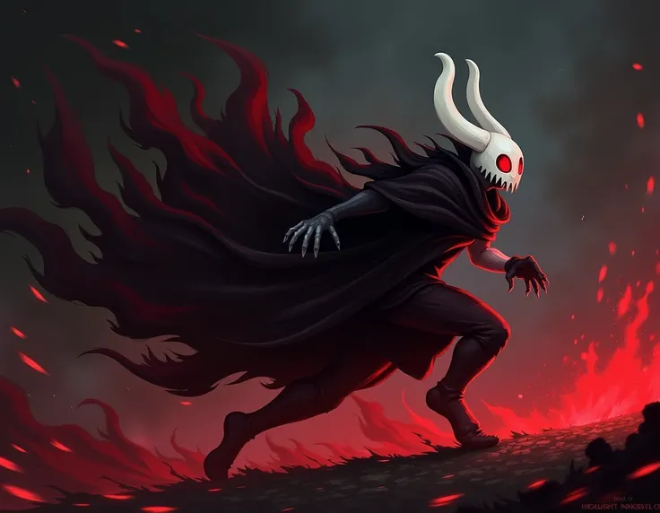 Grimm from Hollow Knight is shown in profile, captured mid-dash in a dynamic and elegant pose, launching into a terrifying charge. His dark, flame-like crimson cloak flows dramatically, forming stylized curves as it trails with his movement. His glowing re...