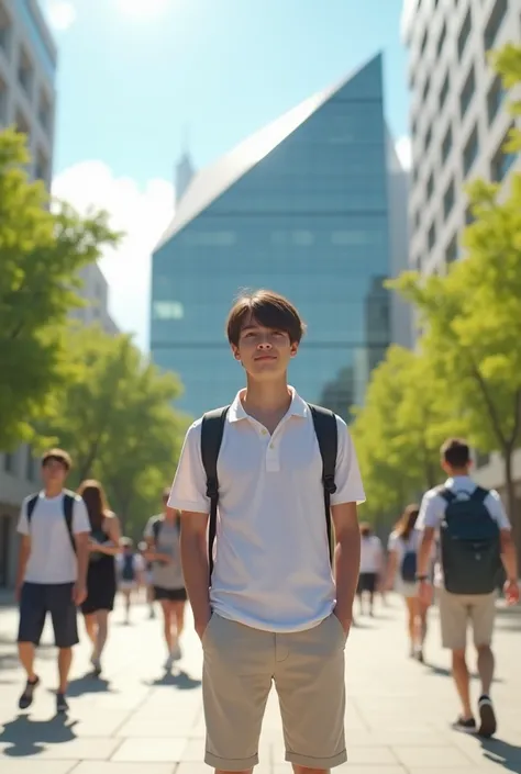 "A 16- old man stood in front of a modern college, amid a lively campus atmosphere, wearing white student shirts during the day in bright sunlight." (Virtual reality)