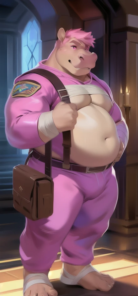 Solo, male Tall​,Huge body, Stand upright, A wizard with continuous magical powers., ice pink, hippo, Pink military spacesuit ,Abdominal Bags,overweight, muscular,Wear a bandage, strict, by chunie,Pink hair, pink eyes, short 