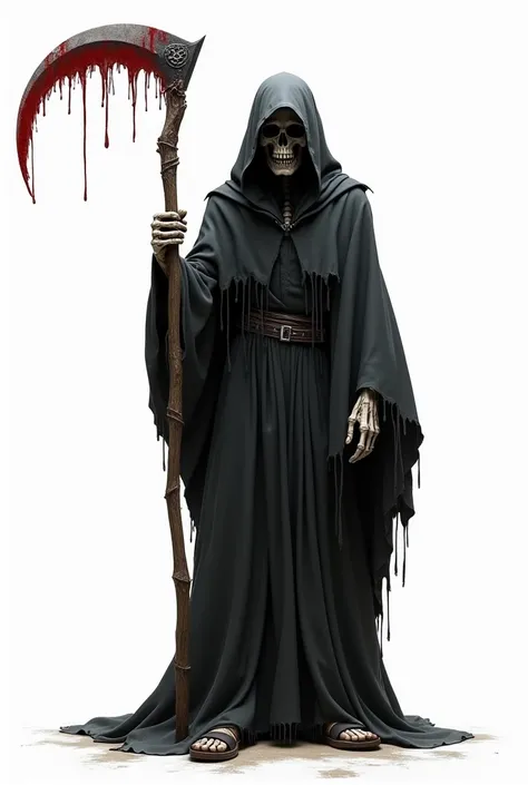 grim reaper with a blood on his reaper, but in a white background, got a sandal on his feet