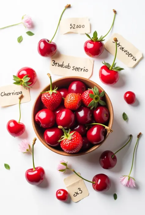  Beautiful cherries and strawberry with text " strawberries  $3.000 and 2x $5.000 cherries  $2.000"  with white background 