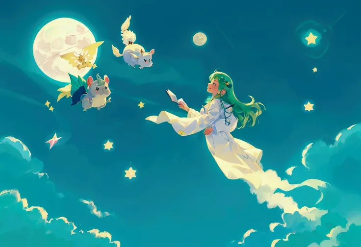  1 girl flying in the sky、、Wearing pajamas、Chinchilla flying in the sky 、Fluffy chinchilla、smile、profile、fun、 dreamy illustration , beautiful moonlit night、sparkring stars、 emerald green clouds 、ren&#39;s book illustration、 fantasy art 、 greatest masterpie...