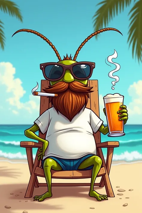 Funny cartoon of a bearded cricket ,  mustaches, sunglasses,  sunbathing on a beach chair with a cigarette in one hand in the other hand a glass of beer and a white t-shirt 