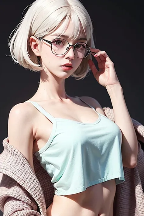 The image is a digital illustration featuring a young woman with a stylized appearance. She has pale white skin and large, expressive eyes, accented by round glasses. Her hair is shades of gray to pink, styled in a thick, wavy bob. She wore a light-colored...