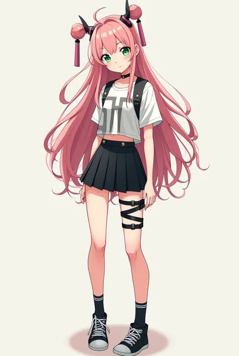  Women animate full body with light pink long hair  ,  emerald green eyes  ,  with a short sleeve white t-shirt with black stripes all over her clothes ,  with a black skirt with straps , and black sneakers  
