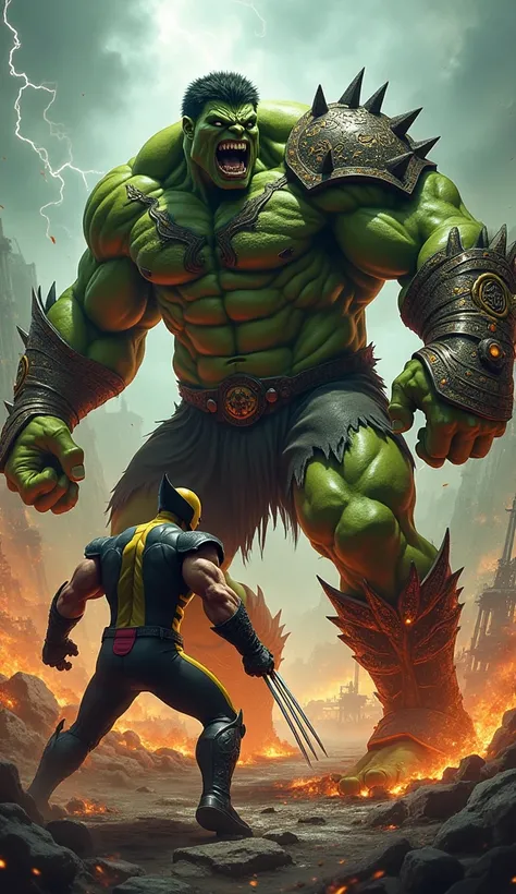 "Create a stunning, highly detailed image of Warrior Hulk and Wolverine locked in an intense, angry standoff. Warrior Hulk should appear massive, with vibrant green skin, tribal war paint, and intricately designed battle armor reinforced with glowing runes...