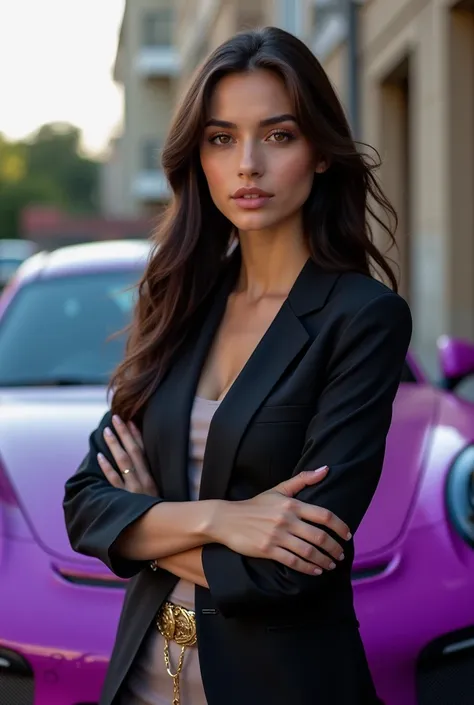 young Turkish woman, Brunette in front of a purple Porsche GT3 Rs