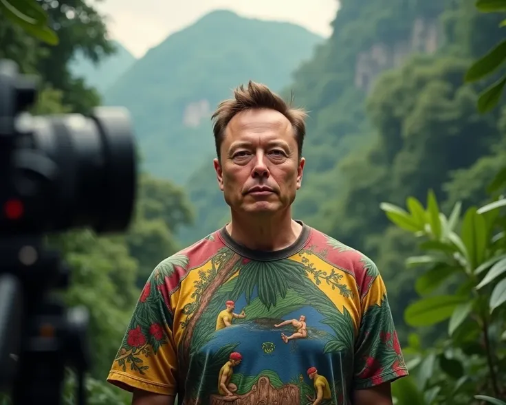  Now I need a realistic photo of the character Elon Musk wearing a Brazilian t-shirt, Lens In the foreground, with a background of the Amazon rainforest . 