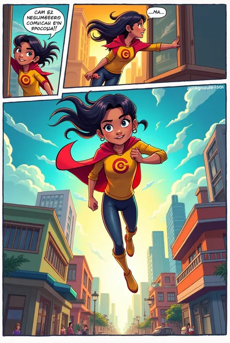 Create a comic with text in Spanish with 5 pictures about a superhero named Cami and her super power is to do homework quickly 