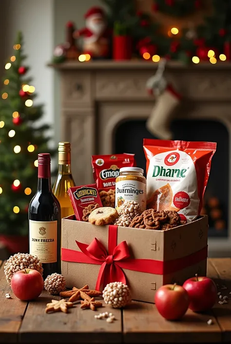  SHOW CONTENTS OF THE CHRISTMAS BOX CONTAINING A BOTTLE OF LA FUERZA WINE,  A BOTTLE OF GOLDEN CREAM PUNCH ,  A BOTTLE OF MAYU CIDER ,  A PACK OF MARSHMALLOWS ,  A PACK OF DANESA COOKIES , 1 POUND OF GRAPES , 3 red apples ,  EDIBLE CHRISTMAS GUMMIES ,  A P...