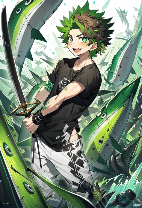 1 homem, bonito, olhos verdes,Brown hair, spiky hair , arcanjo, wings, Black wings, corpo atlético, espada negra, cabelo curto, , White sweatpants,  Black t-shirt, loose clothes , 