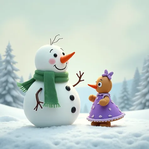 I need a snowman with a green scarf and that his face reflects his infatuation with a gingerbread cookie he is thinking about who wears a purple dress 