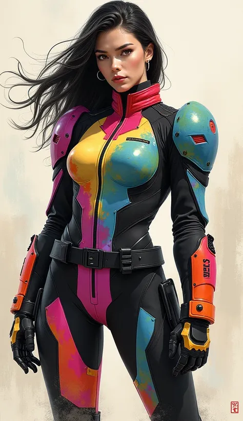 titanfall-militia artissimo sumi-e art a painting of a woman in a military uniform,fullbody ,baju warna hitam biru putih oranye kuning ungu hijau pink magenta  merah hitam,rambut hitam