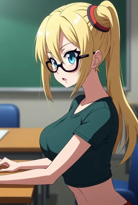 screenshot of my hero academia, side profile, light blonde hair, bright blue eyes, (((oversized cat-eye glasses))), T-shirt, exposed waist, petite with huge bust, ((huge sexy breasts)), sitting at a table in a classroom, skirt, with his cold gaze 