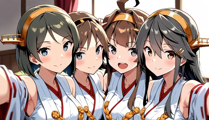 ((4girls)), kongou (kancolle), hiei (kancolle), haruna (kancolle), kirishima (kancolle), multiple girls, (selfie), masterpiece, best quality, amazing quality, very aesthetic, high resolution, ultra-detailed, absurdres, newest, depth of field, volumetric li...