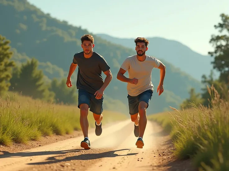 two young men one walking and the other running on a dirt road 