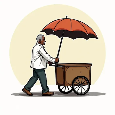  Generate a logo for an association of informal vendors, Important: the logo must have a street vending cart ; Where is the name of ASOVENSAMPEC ,  must have an older Afro-descendant man in a white shirt pushing the cart ,  not as realistic as a drawing so...