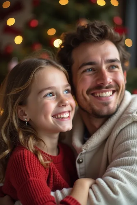 Photo of the faces of skinny young , White color,  dark blonde hair ,  father and mother and  daughter looking happy because of Christmas
