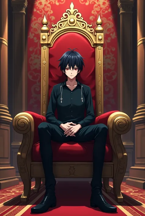  Black-haired anime boy with red eyes sitting on a throne quiet and serious, While the other anime keeps talking sadly as if nothing is happening 