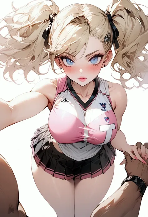 (ultra detail, high resolution, ultra detailed, best quality, amazing, top quality, extremely detailed), a couple holding hands, (couple), (duo focus),  BREAK, 1girl, slender, , blonde pigtails, blue eyes, slutty pose, wide hips, large breasts, full pink l...