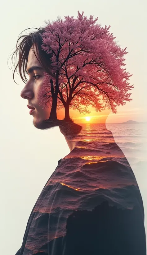 high quality, 8K Ultra HD, A beautiful man double exposure that combines an goddess silhouette with sunset coast, sunset coast should serve as the underlying backdrop, with its details incorporated into the goddess , crisp lines, The background is monochro...