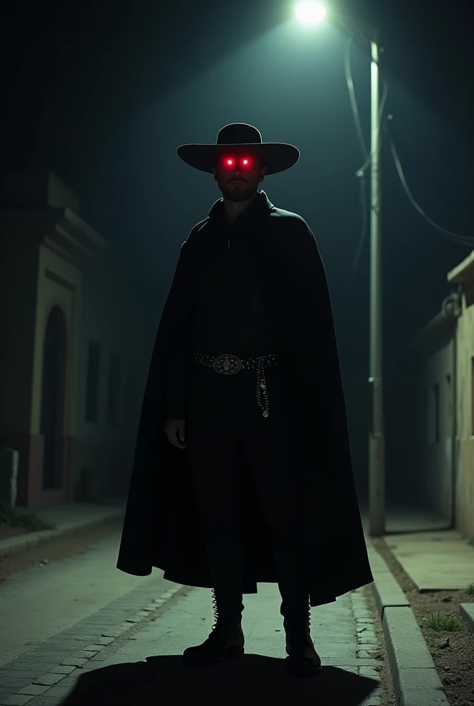 An old image from a hastily taken photograph of a distant dark figure dressed in a Gaúcho costume(black hat, Pala black ,  black boots and silver spurs )  over the light of a pole in the middle of the night .  Over your hat ,  the only thing you can see ar...