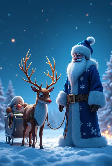 My dream is that Rudolph and his sleigh are parked in front of the blue Santa , 앞에 루돌프와 썰매가 주차 되어있다