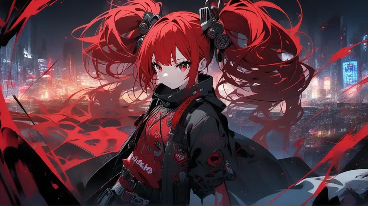 Girl red eyes red hair drill twintails Night city graffiti art