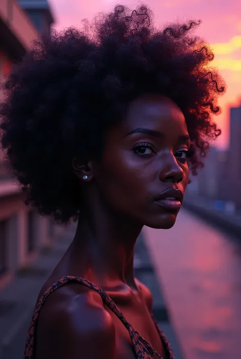 **Hyper-realistic digital image of a beautiful, gorgeous black-skinned afro model with a solarized industrial ghost that combines the raw aesthetics of industrial landscapes with surreal lighting effects. Highlight the contrast with dark purple and copper ...