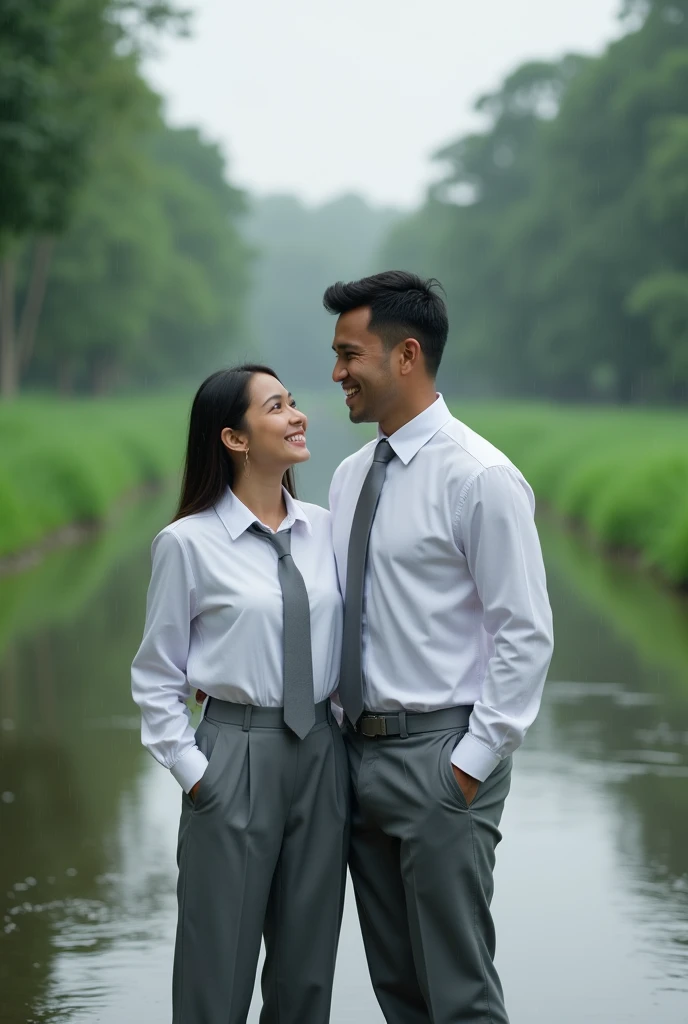 romantic couple. an Indian man standing on river, it is raining On the right and left sides of the river, there are lush grass, laughing cheerfully, there was a woman standing smilling is seento try to bite the zipper of the mans pants with her teeth. in i...