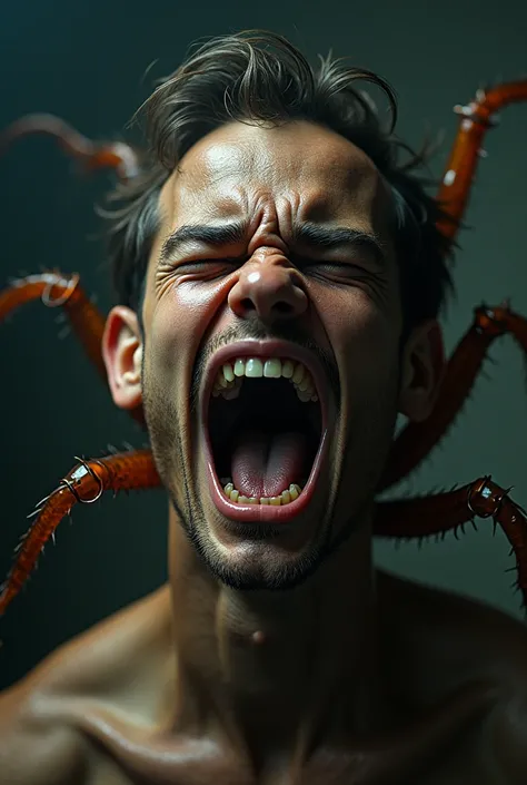 Face of a young man screaming and crying on the body of a cockroach