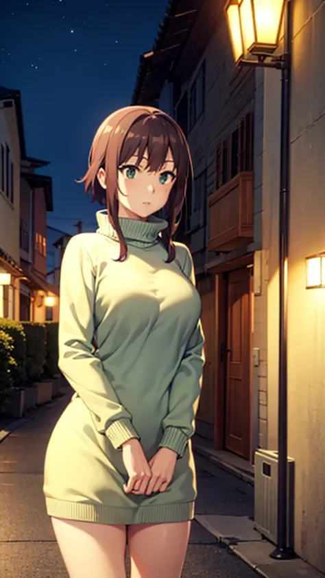 masterpiece, best quality, highres, Kazuma Satou, girl, Brown hair, Green Eyes, large breasts, sweater dress, long sleeves, turtleneck, outdoors, street, standing, cowboy shot, night