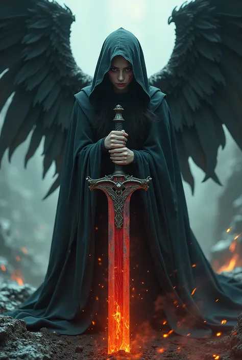 A gorgeous woman ,as fallen bleeding angel wearing a hood with a huge flaming sword and huge black wings kneeling standing on the abyss of death hell,8k Ultra HD detailed photograph 