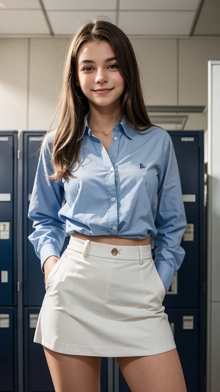 Full body image, A beautiful thirteen-year-old girl  ,  with a face with soft European features  , smiling,  wearing school uniform,  unbuttoning the blouse ,  Inside the school locker room,  LOOKING AT THE OBSERVER , smiling para o observador.