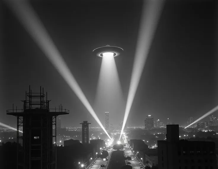 Reflectors pointing at an unidentified flying object in the night sky in the city of Los Angeles in the United States in the 40s of the last century