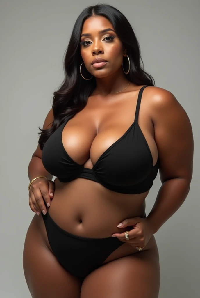 A plus-size BBW woman who is not fat but also not skinny from the front with breasts so big that they cross the line of the arms down the side and the navel line down