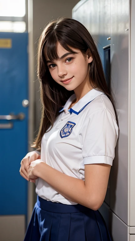 Full body image, A beautiful thirteen-year-old girl  ,  with a face with soft European features  , smiling,  wearing school uniform, Leaning against the wall of the school locker room,  with the back to the observer ,   LOOKING AT THE OBSERVER , smiling pa...