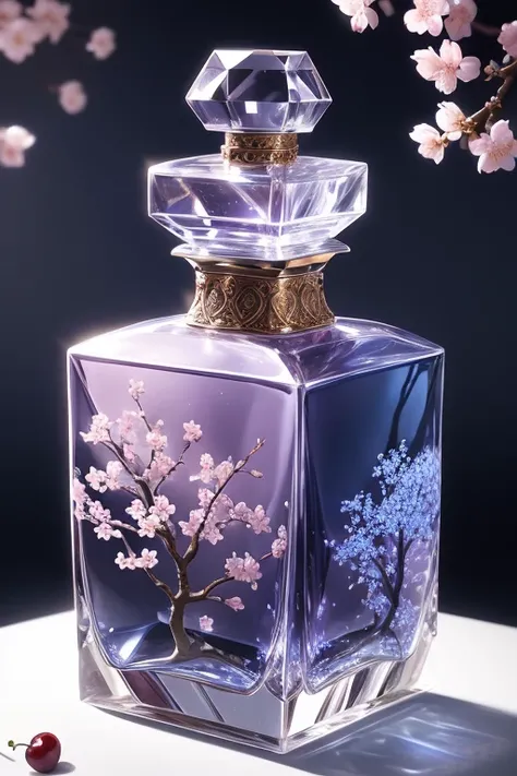 Bottle Design 、ornate gothic carved luxury square perfume bottle、　 Decorated with Beautiful Cherry Blossom Flowers and Birds 、blue color background 　 silver lighting、Precisely made 、 shot by a professional photographer 、Excellent lighting、 greatest masterp...