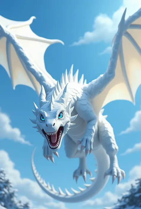 White ice dragon, blue eyes, large wings, sharp fang, ghibli style, super-fine，Hyper-realistic，Ultra photo realsisim，high qulity，8K high resolution，ultra - detailed