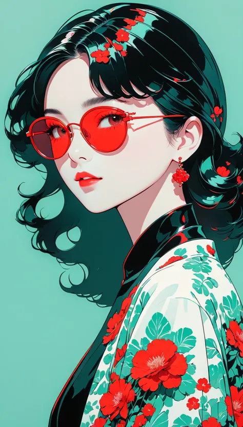 masterpiece， best quality，细节，Perfect composition， The quality is super good ，HD Wallpapers， A YOUNG WOMAN Wearing Crimson Sunglasses，illustration，With black aesthetics、Anime aesthetic style，I cant believe how beautiful it is ，Black Pearl and Mint，COLOR MIN...