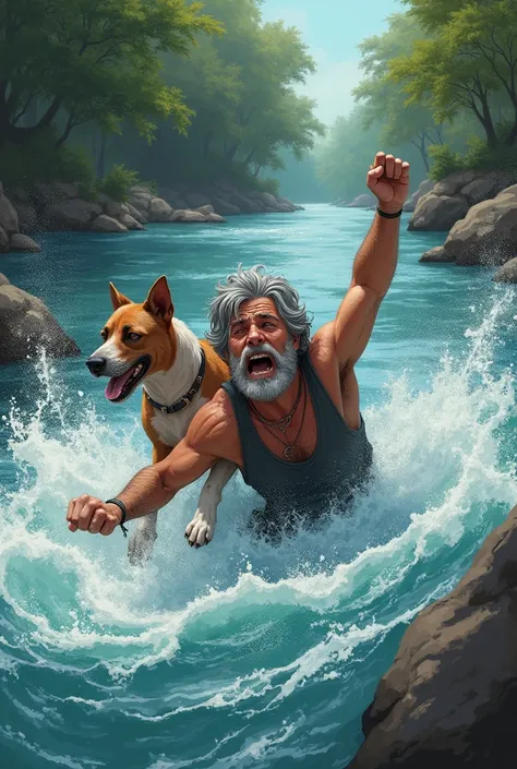 The gray-haired man drowns in the river and the dog rescues him realistic cartoon