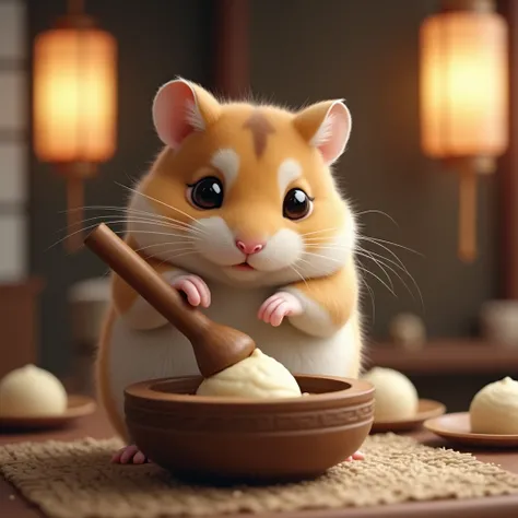 masterpiece, best quality, Photorealistic, realistic, photograph, Hamster making mochi with a pestle and mortar