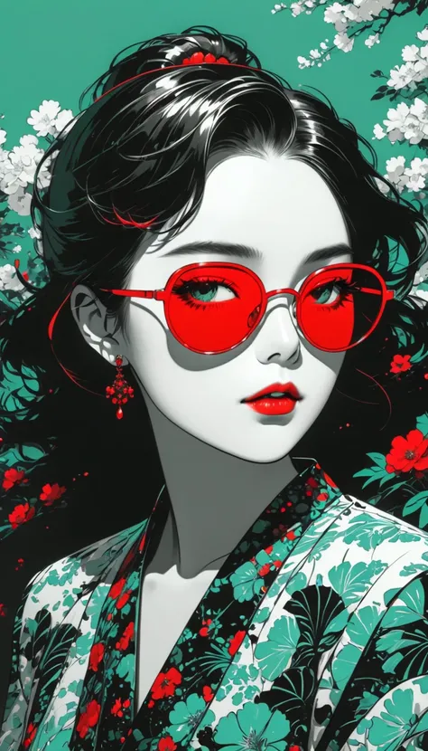 masterpiece， best quality，细节，Perfect composition， The quality is super good ，HD Wallpapers， A YOUNG WOMAN Wearing Crimson Sunglasses，illustration，With black aesthetics、Anime aesthetic style，I cant believe how beautiful it is ，Black Pearl and Mint，monochrom...