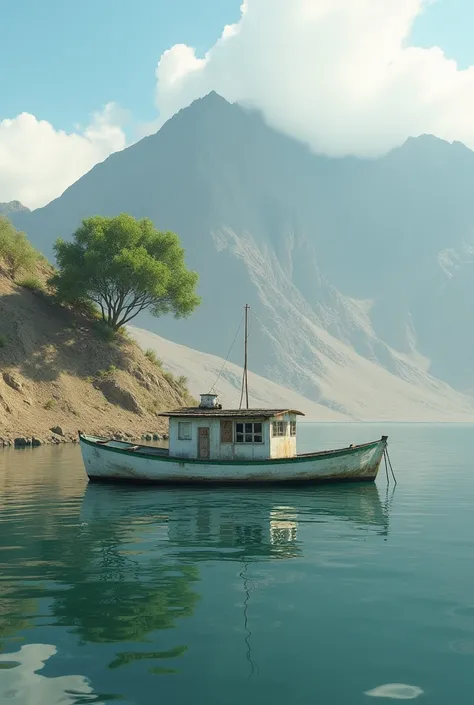 In the front there is an abandoned white boat with green and in the background you can see a mountain like a desert with a tree in the Pelona mountain the boat is in the area of Lake Atitlán