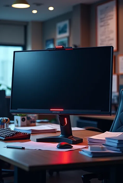  Make a gamer monitor on an office background, The monitor has the screen erased  