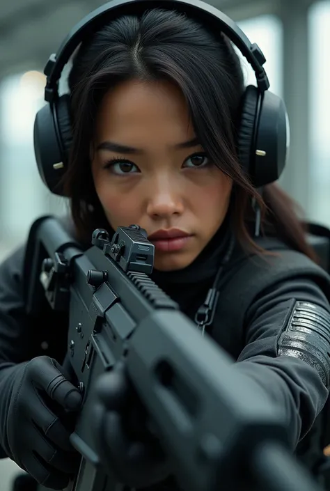 a woman in a black outfit holding a rifle and wearing headphones, 24-year-old woman, Filipino woman, tan bronze skin, soldier girl, mechanized soldier girl, military girl, beautiful female soldier, female lead character, ry girl, of a sniper girl in war, s...